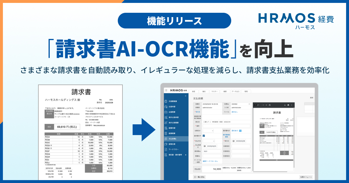 ハーモス経費｜請求書AI-OCR機能をアップデート、支払依頼業務がもっとスムーズに。